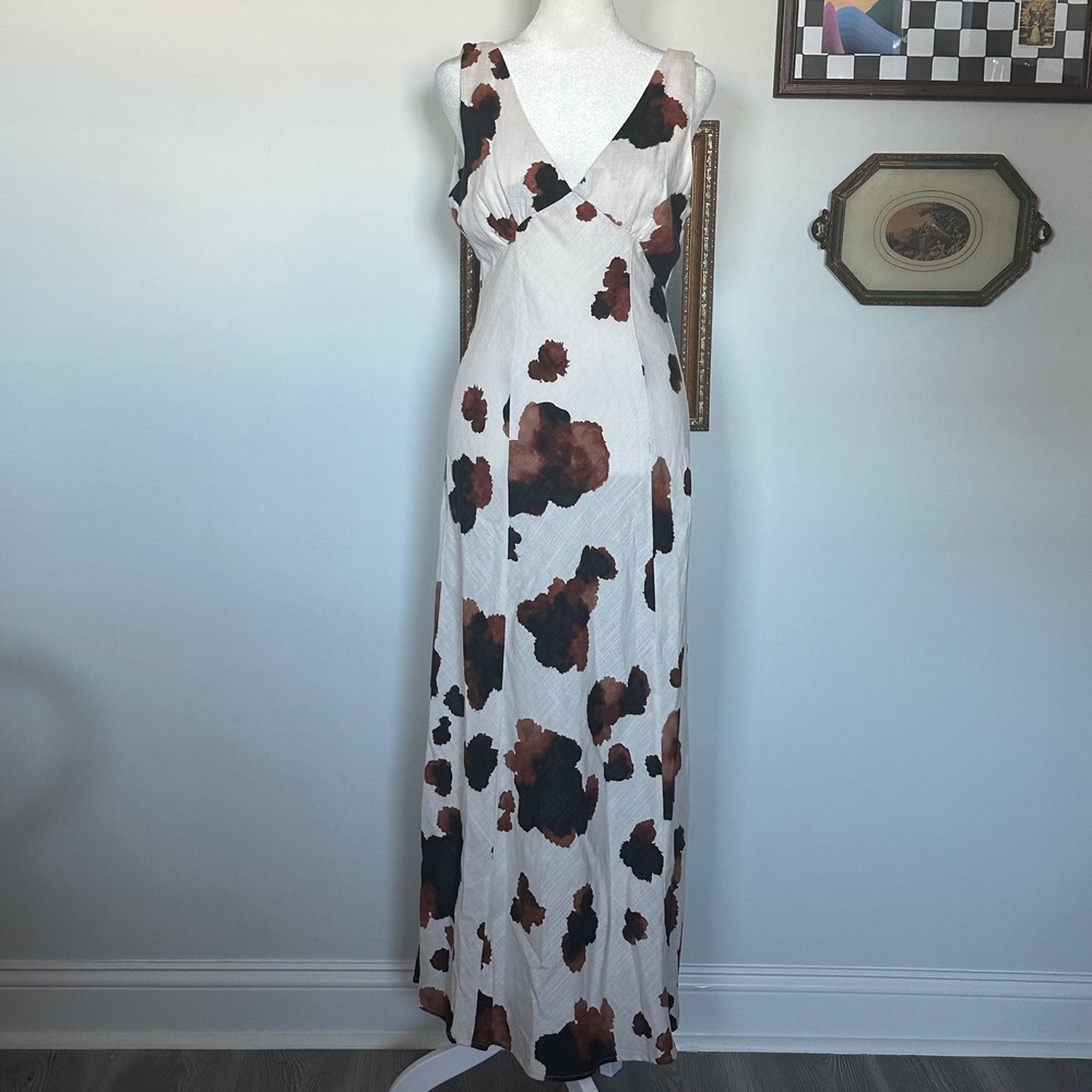 Paper Heart Pony Cow Print Linen Blend‎ V Neck Midi Dress - NWT SIZE S Western